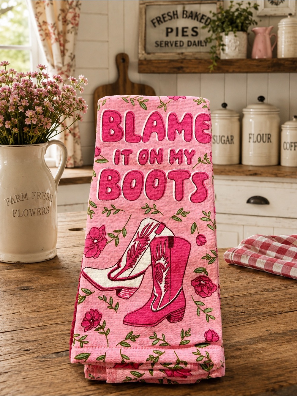Farmhouse Pink 'Blame It On My Boots' Decorative Kitchen Towels Set Of 2 NWT